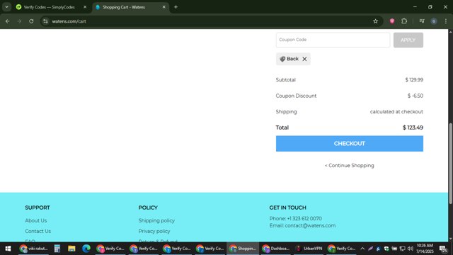 Watens checkout page showing Watens coupon code box | Screenshot taken by SimplyCodes community member on Jul 14, 2025