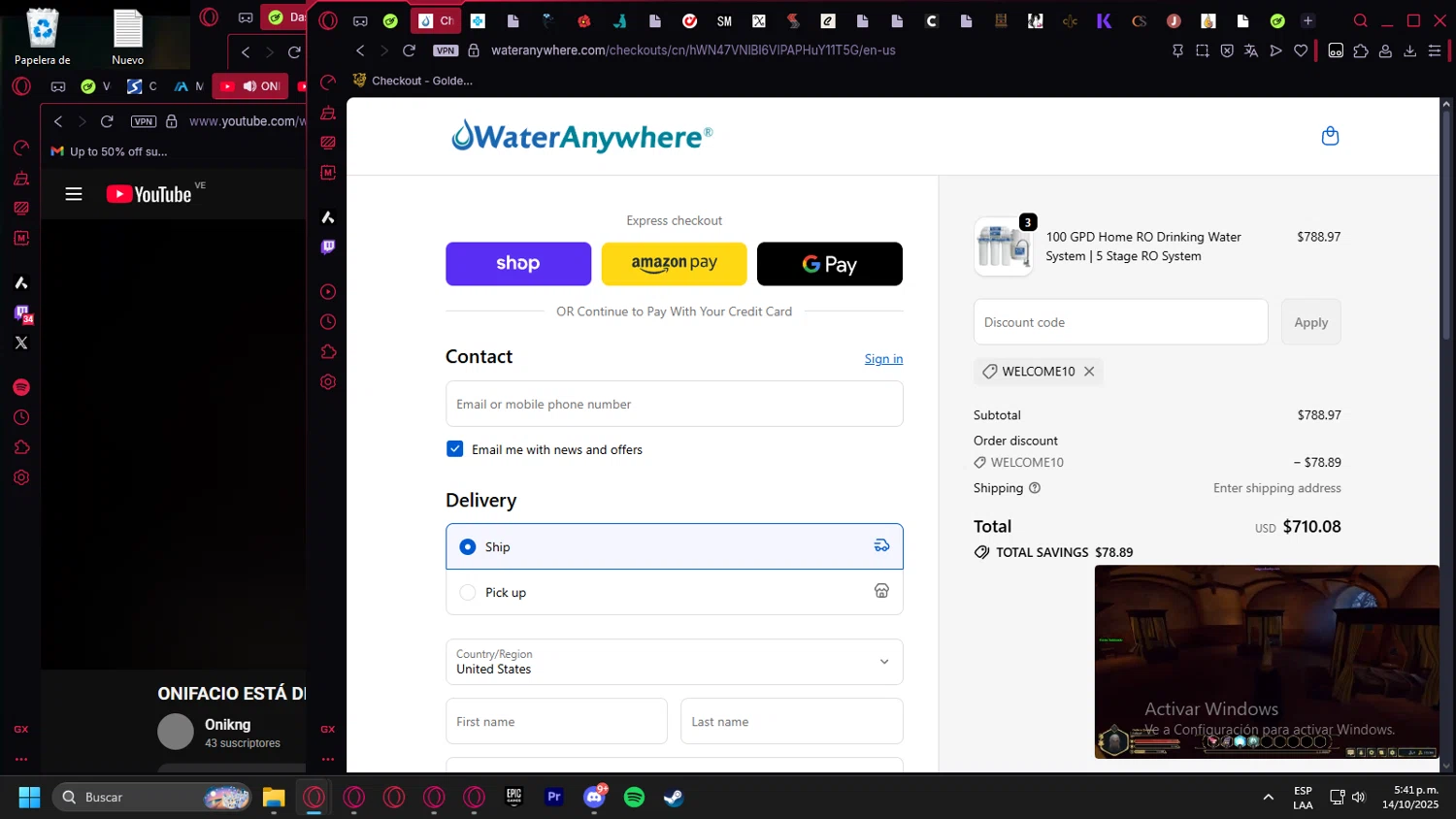 WaterAnywhere discount code screenshot showing code WELCOME10 applied at WaterAnywhere checkout page. Uploaded by SimplyCodes community member Billyyou on Oct 14, 2025