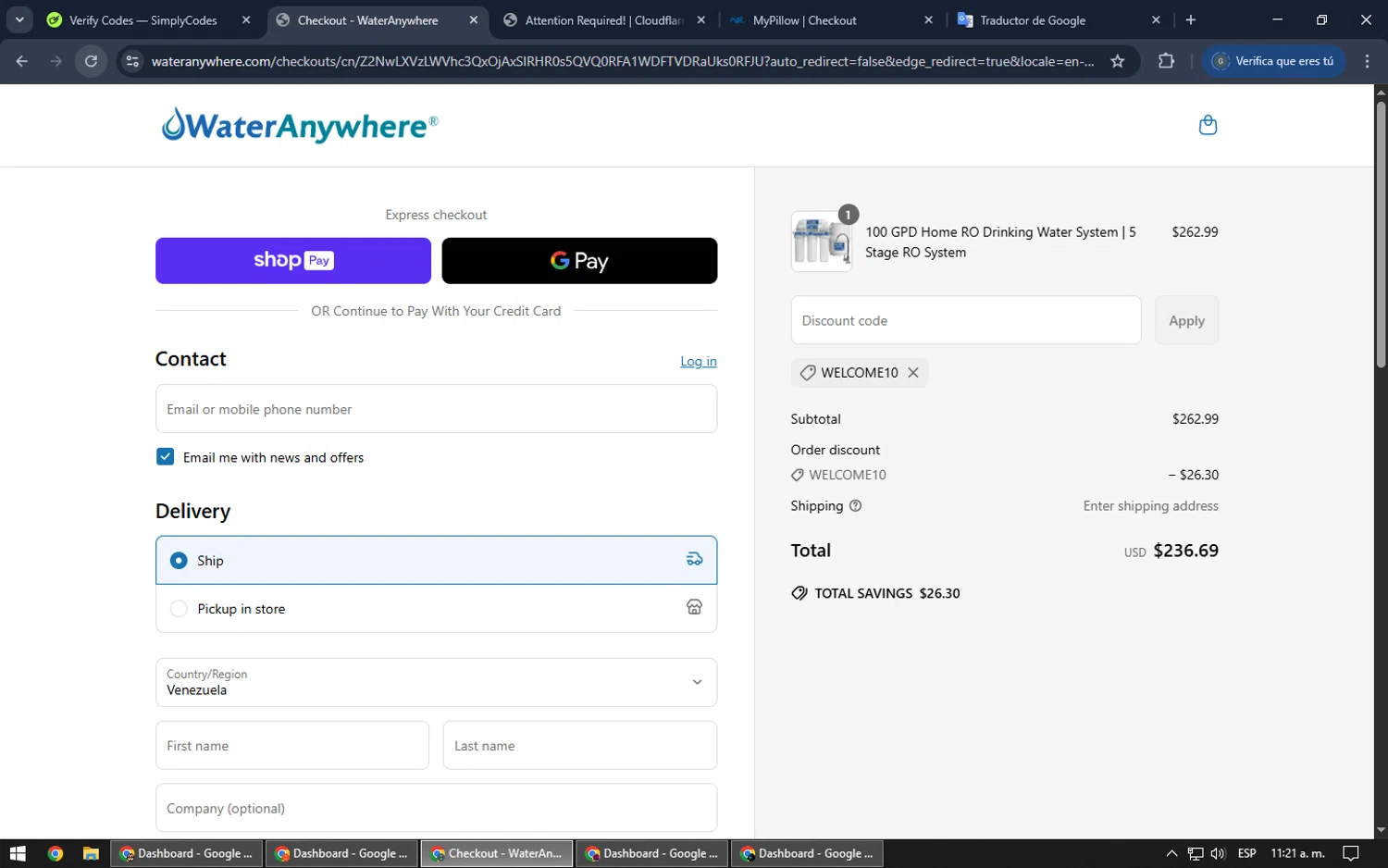 WaterAnywhere discount code screenshot showing code WELCOME10 applied at WaterAnywhere checkout page. Uploaded by SimplyCodes community member TOUSEN on May 5, 2025