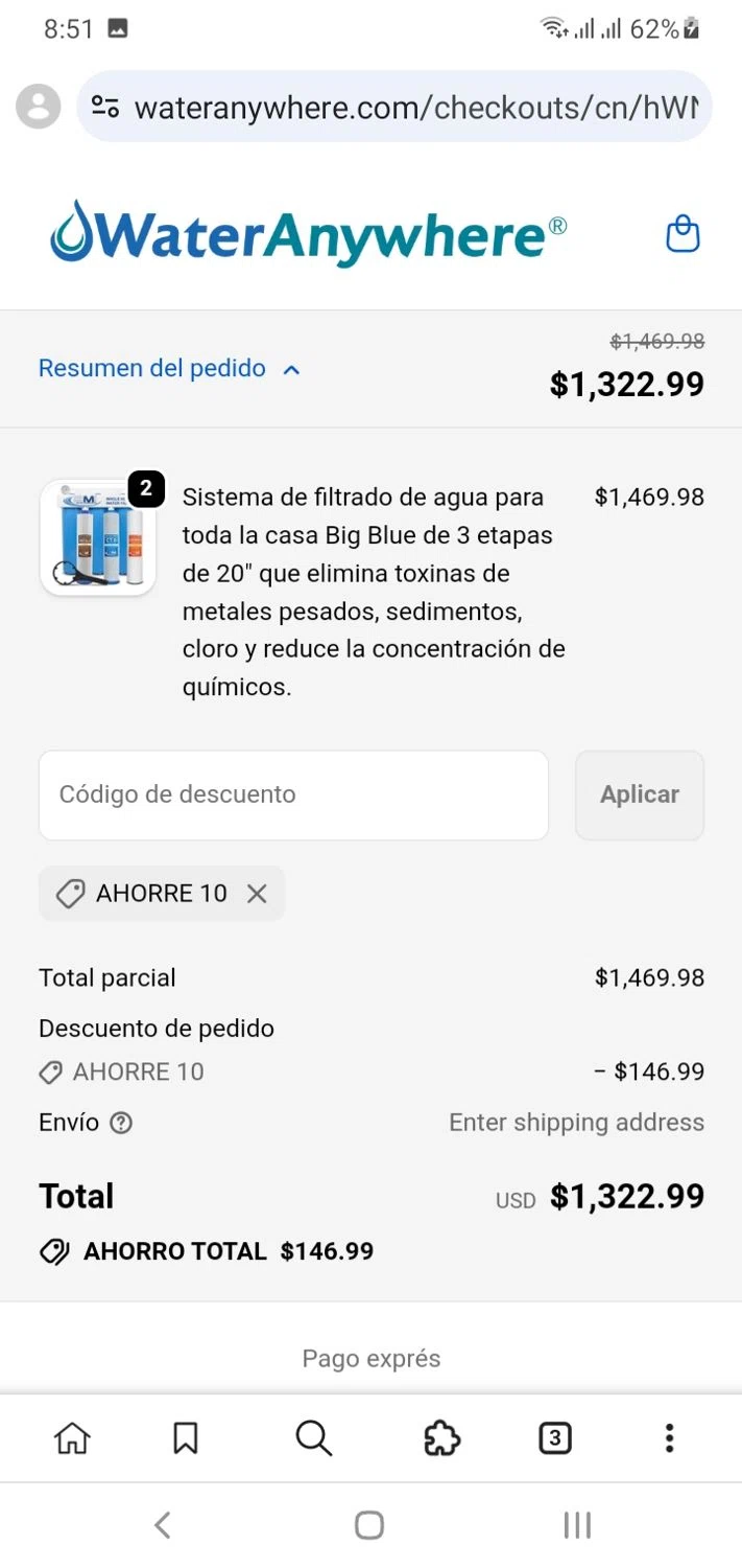 WaterAnywhere discount code screenshot showing code SAVE10 applied at WaterAnywhere checkout page. Uploaded by SimplyCodes community member Menotii23 on Dec 11, 2025
