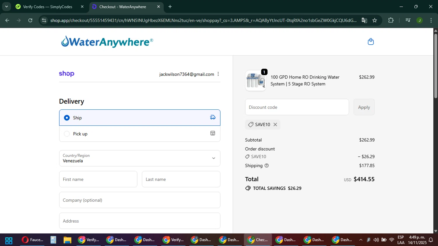 WaterAnywhere discount code screenshot showing code SAVE10 applied at WaterAnywhere checkout page. Uploaded by SimplyCodes community member ShieldFinder369 on Nov 14, 2025