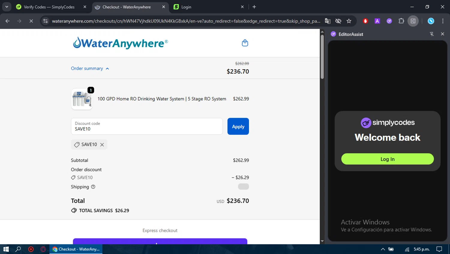 WaterAnywhere discount code screenshot showing code SAVE10 applied at WaterAnywhere checkout page. Uploaded by SimplyCodes community member rosamiranda on Oct 14, 2025