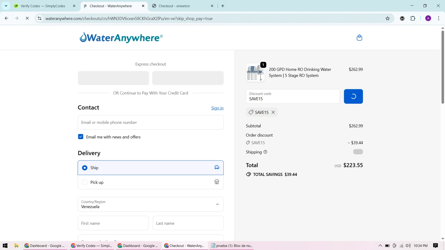 WaterAnywhere discount code screenshot showing code SAVE15 applied at WaterAnywhere checkout page. Uploaded by SimplyCodes community member CashChaser7272 on Sep 21, 2025