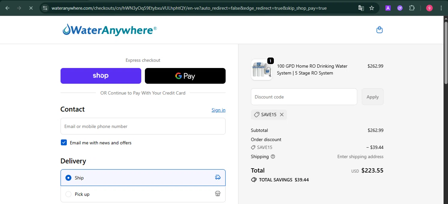 WaterAnywhere discount code screenshot showing code SAVE15 applied at WaterAnywhere checkout page. Uploaded by SimplyCodes community member MoneyFalcon481 on Oct 11, 2025