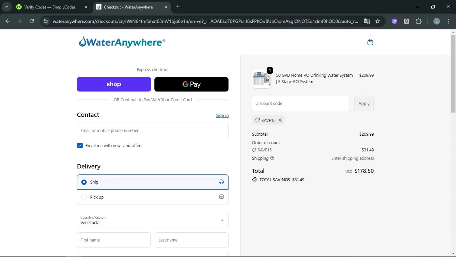WaterAnywhere discount code screenshot showing code SAVE15 applied at WaterAnywhere checkout page. Uploaded by SimplyCodes community member RoyalOwl5790 on Dec 5, 2025