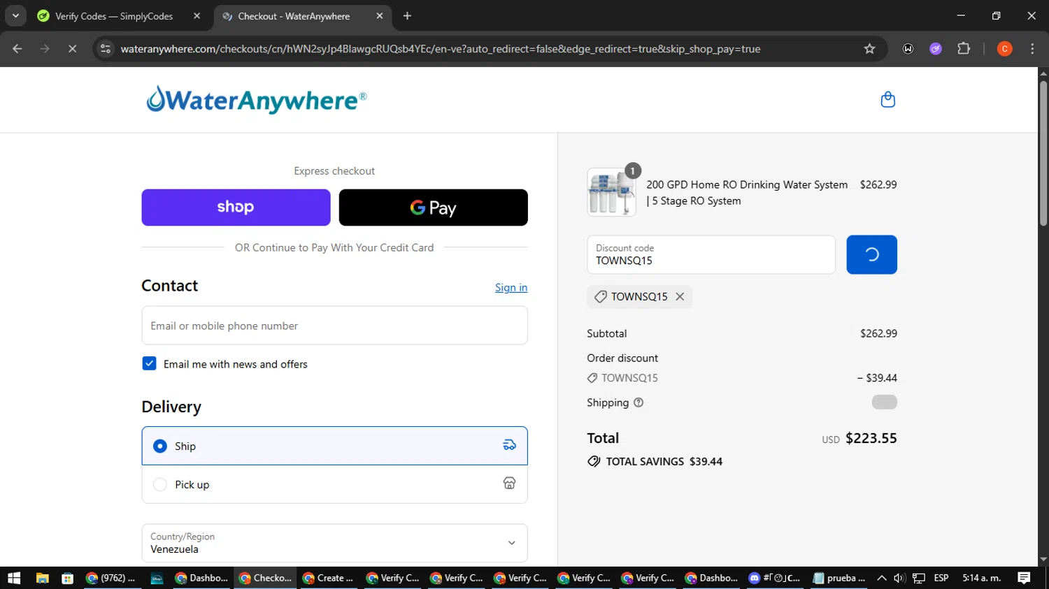 WaterAnywhere discount code screenshot showing code TOWNSQ15 applied at WaterAnywhere checkout page. Uploaded by SimplyCodes community member NatanaelCano on Sep 12, 2025