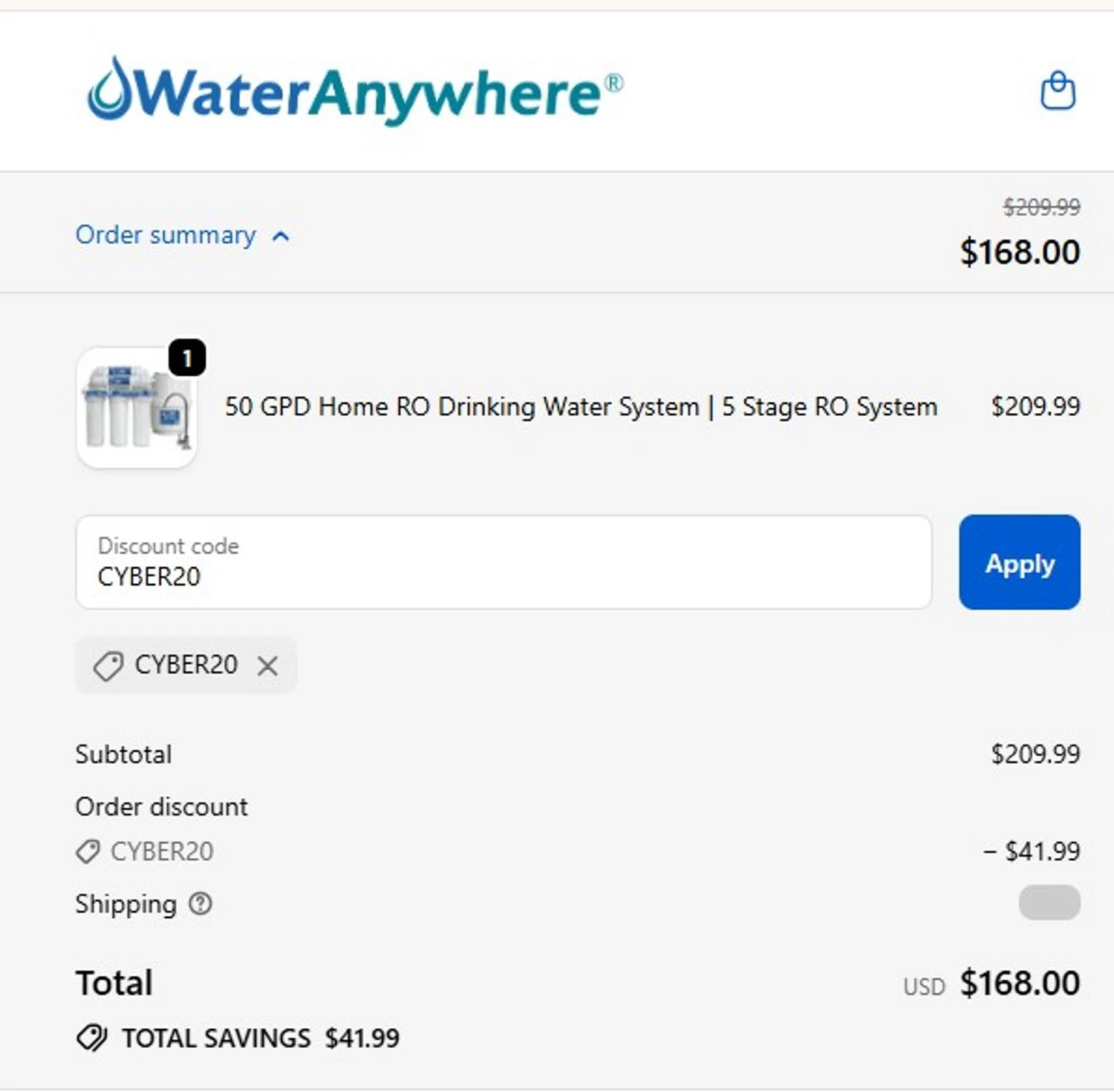 WaterAnywhere discount code screenshot showing code CYBER20 applied at WaterAnywhere checkout page. Uploaded by SimplyCodes community member MoneyFalcon5538 on Dec 5, 2025