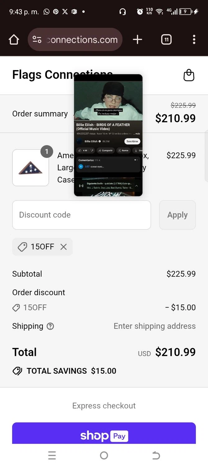 WaterAnywhere discount code screenshot showing code TOWNSQ15 applied at WaterAnywhere checkout page. Uploaded by SimplyCodes community member kellymoreno on Jul 29, 2025