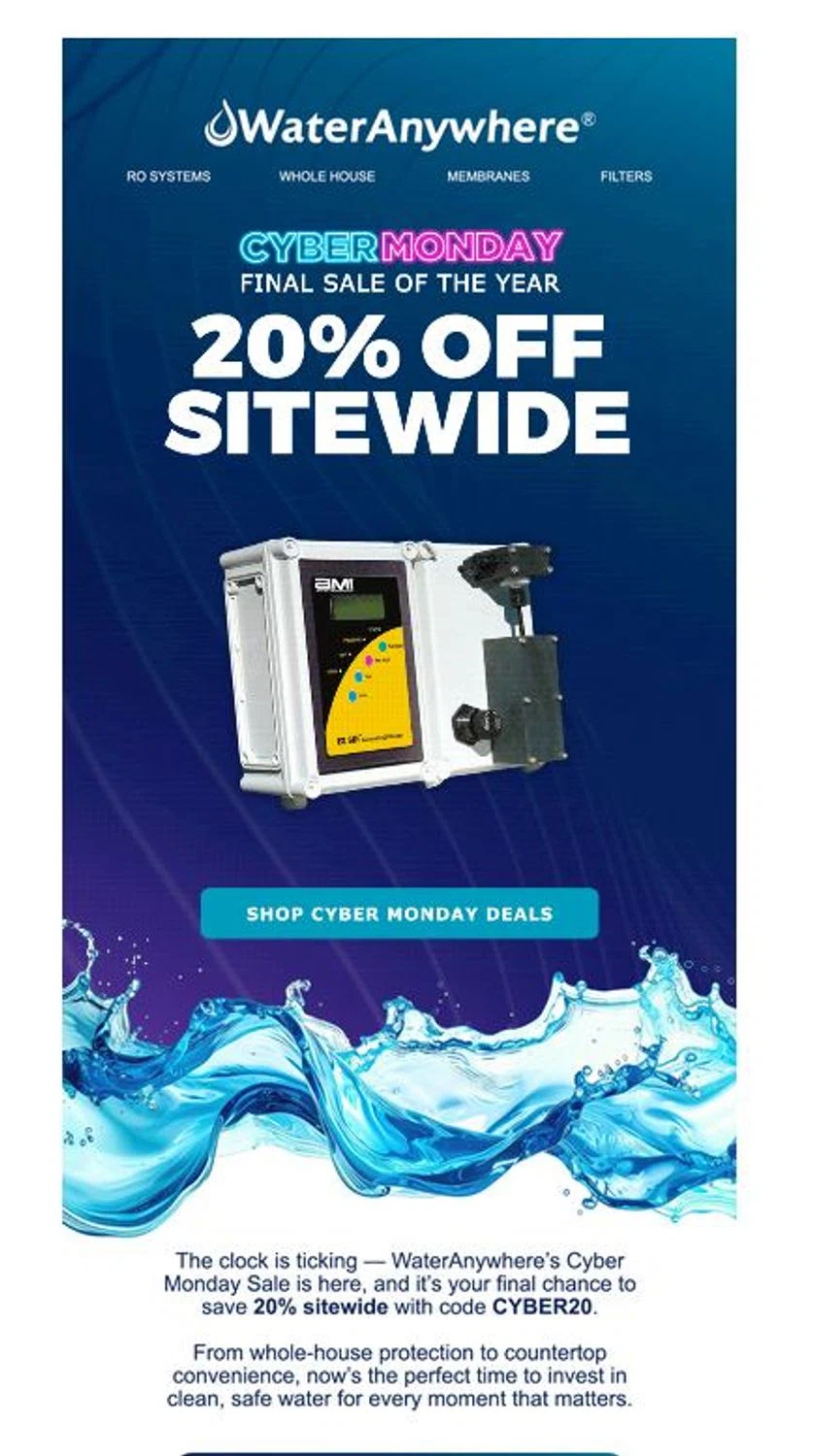 WaterAnywhere discount code screenshot showing code CYBER20 applied at WaterAnywhere checkout page. Uploaded by SimplyCodes community member stygian1 on Dec 1, 2025