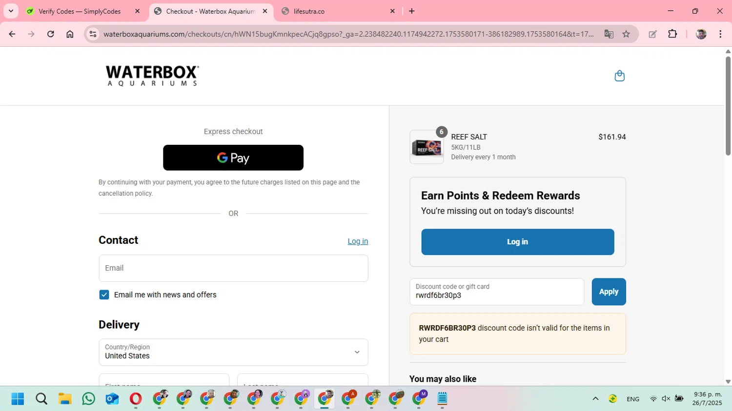 Waterbox Aquariums discount code screenshot showing code rwrdf6br30p3 applied at Waterbox Aquariums checkout page. Uploaded by SimplyCodes community member DavGutFig on Jul 27, 2025