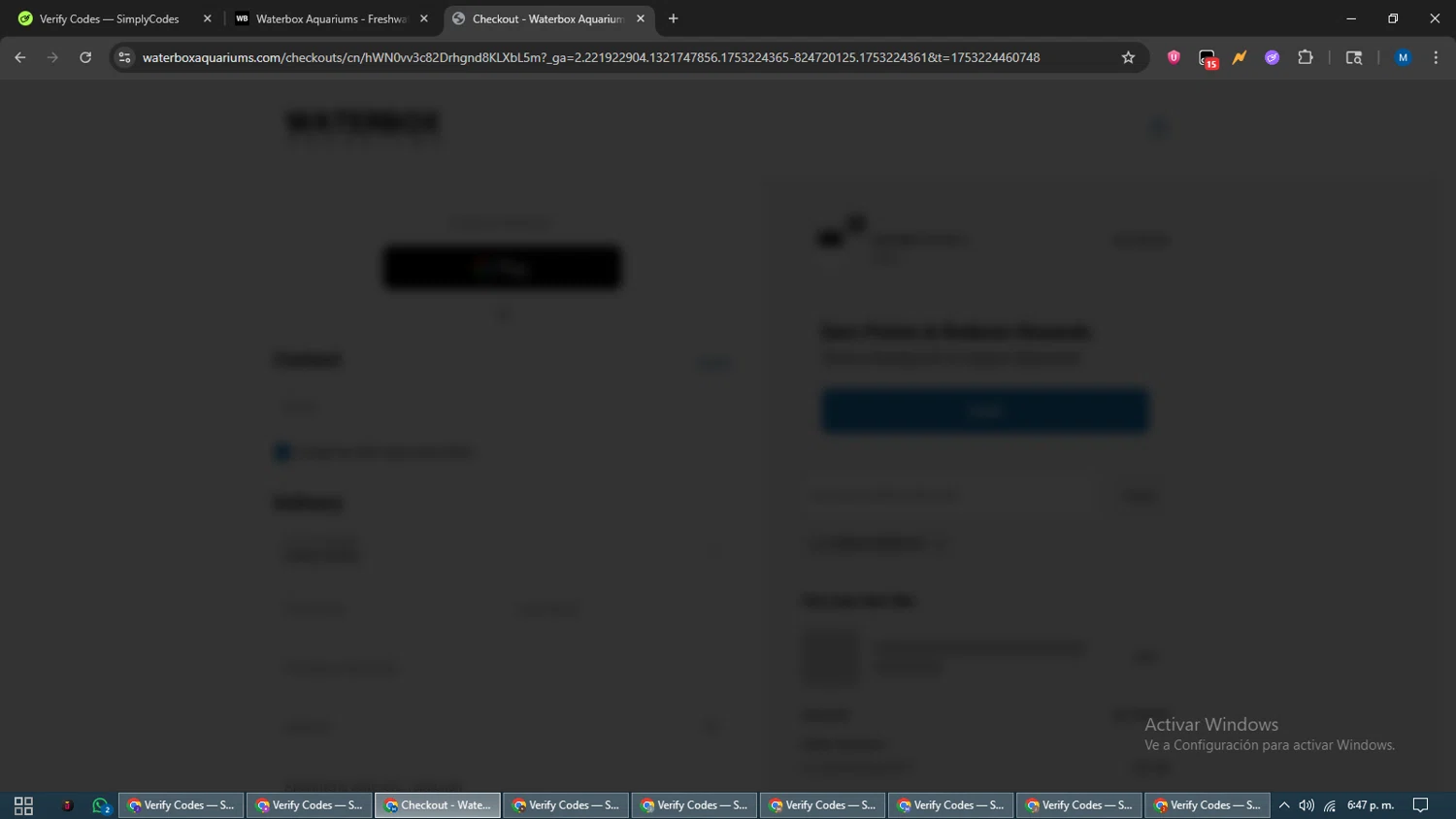 Waterbox Aquariums discount code screenshot showing code rwrdf6br30p3 applied at Waterbox Aquariums checkout page. Uploaded by SimplyCodes community member EpicVoyager2820 on Jul 22, 2025