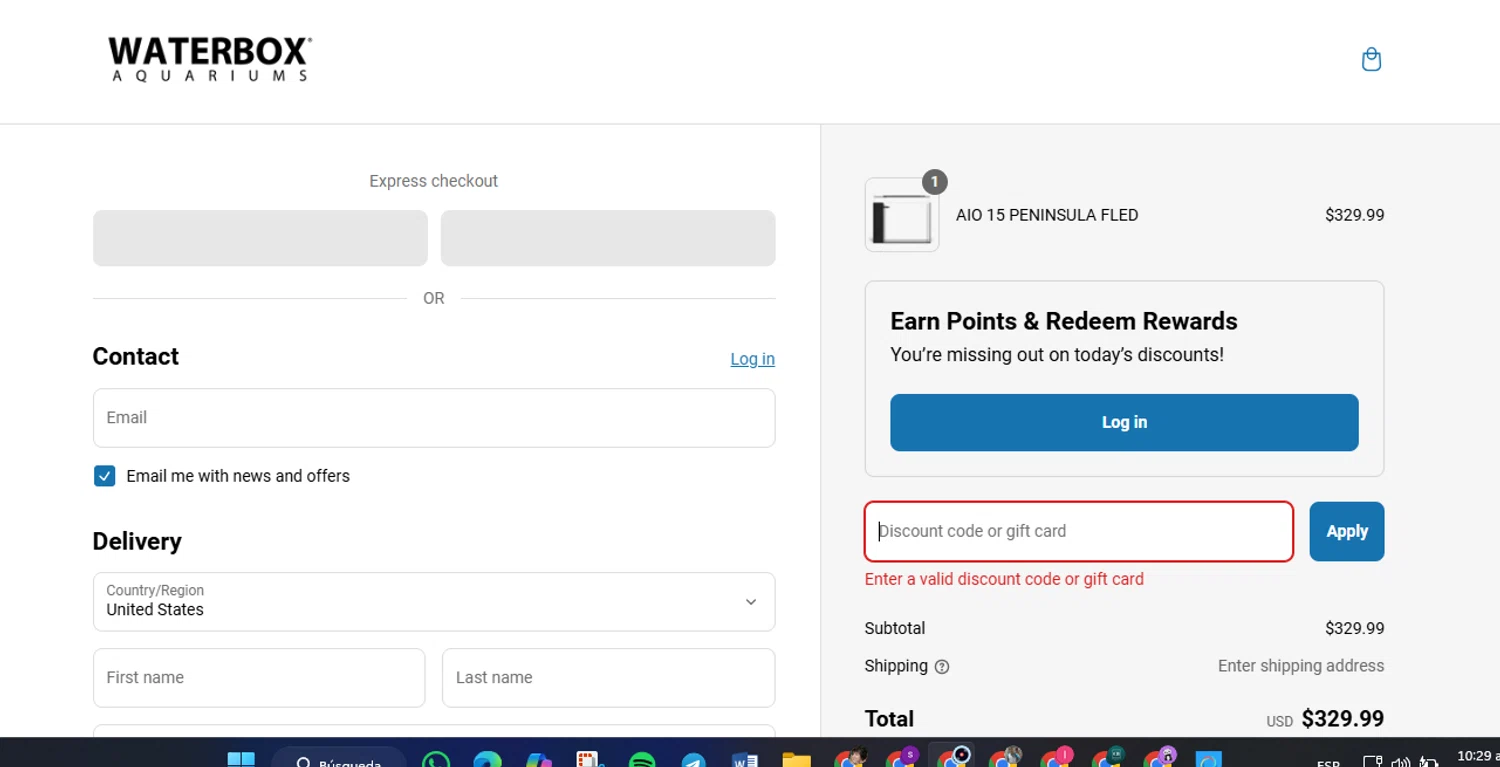 Waterbox Aquariums discount code screenshot showing code 25OFFaiofled applied at Waterbox Aquariums checkout page. Uploaded by SimplyCodes community member FrugalVirtuoso6318 on Mar 13, 2025