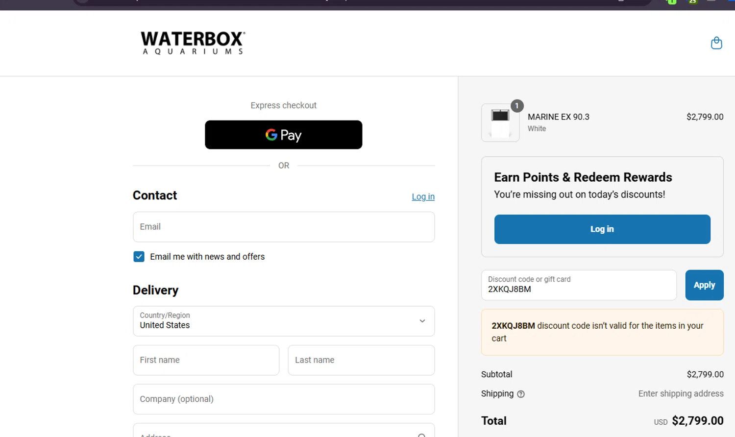 Waterbox Aquariums discount code screenshot showing code 2XKQJ8BM applied at Waterbox Aquariums checkout page. Uploaded by SimplyCodes community member ashe1986 on Jul 11, 2025