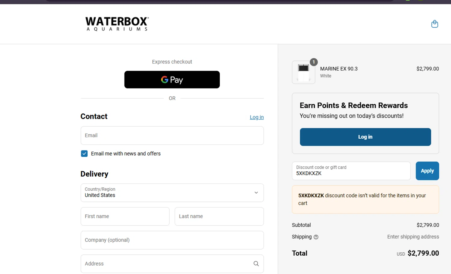 Waterbox Aquariums discount code screenshot showing code 5XKDKXZK applied at Waterbox Aquariums checkout page. Uploaded by SimplyCodes community member ashe1986 on Jul 11, 2025