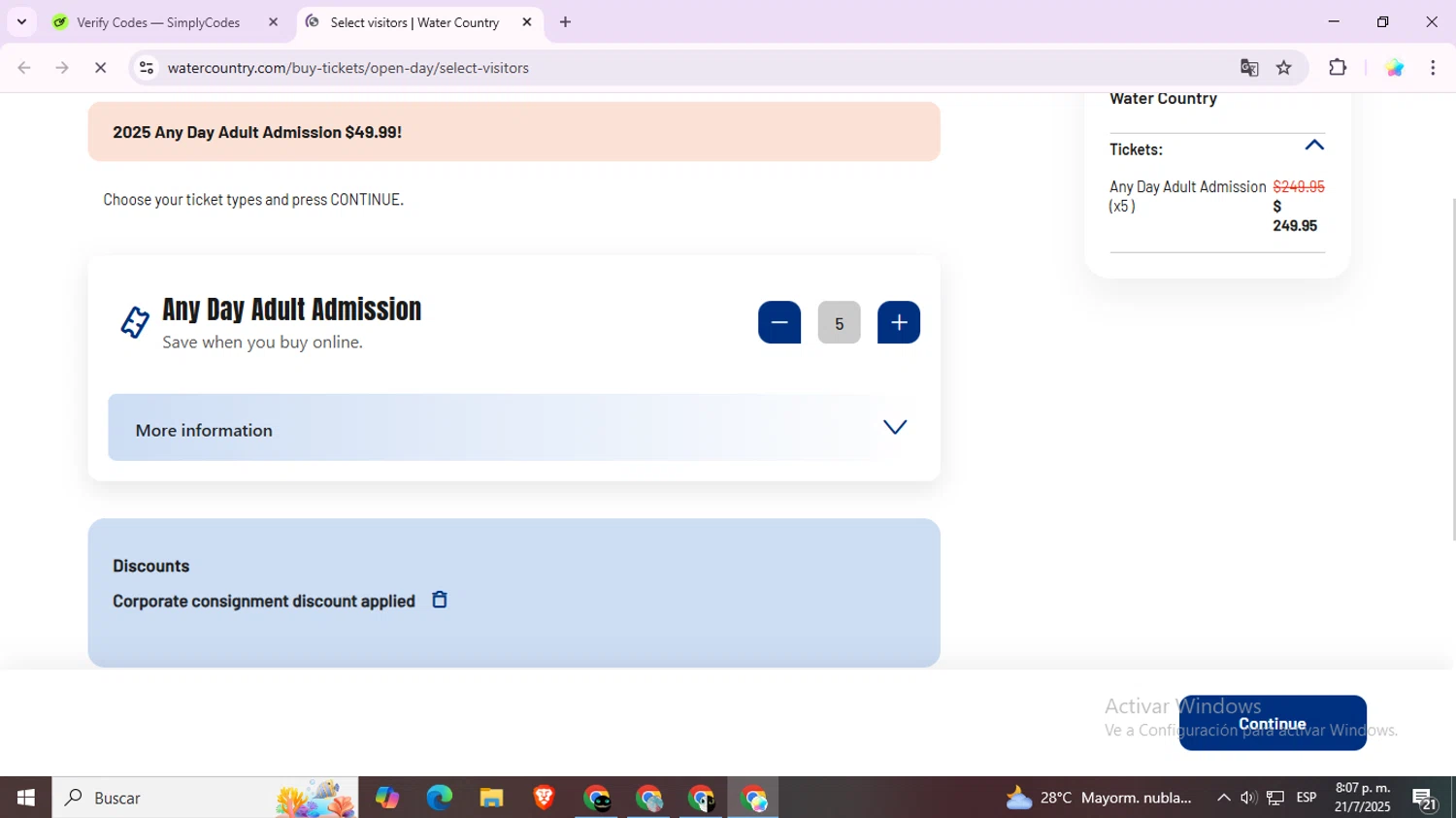 Water Country checkout page showing Water Country promo code box | Screenshot taken by SimplyCodes community member on Jul 22, 2025