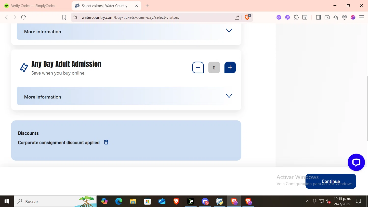 Water Country checkout page showing Water Country promo code box | Screenshot taken by SimplyCodes community member on Jul 27, 2025