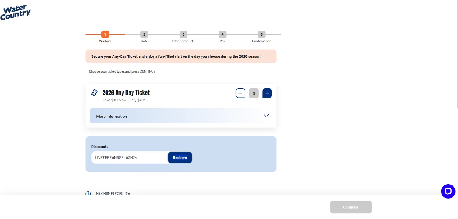 Water Country promo code screenshot showing code LIVEFREEANDSPLASH24 applied at Water Country checkout page. Uploaded by SimplyCodes community member VictoriousLion5787 on Dec 26, 2025