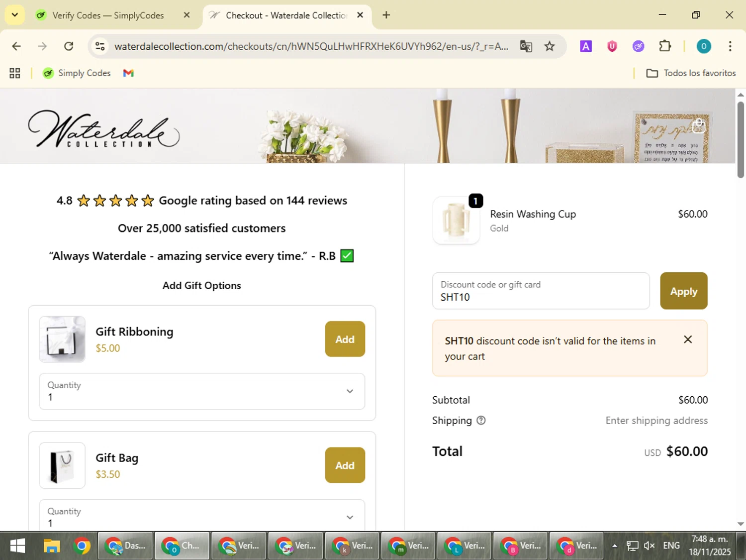 Waterdale coupon code screenshot showing code SHT10 applied at Waterdale checkout page. Uploaded by SimplyCodes community member BudgetSeeker9524 on Nov 18, 2025