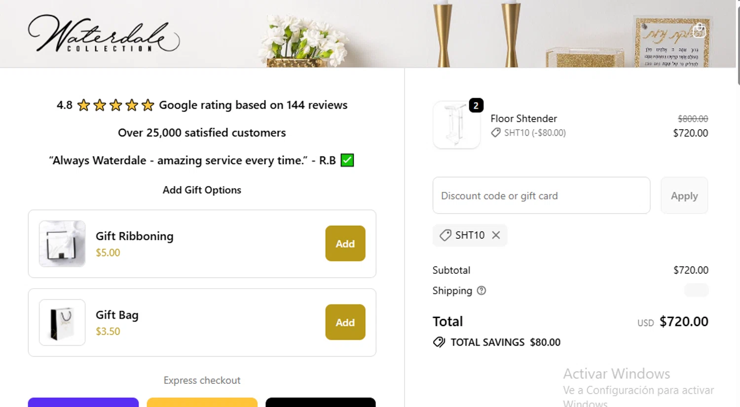 Waterdale coupon code screenshot showing code SHT10 applied at Waterdale checkout page. Uploaded by SimplyCodes community member SaloMac on Oct 17, 2025