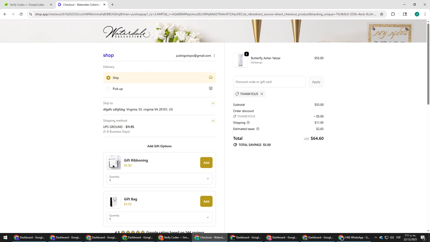 Waterdale coupon code screenshot showing code THANKYOU5 applied at Waterdale checkout page. Uploaded by SimplyCodes community member HEROESCUDA on Dec 22, 2025