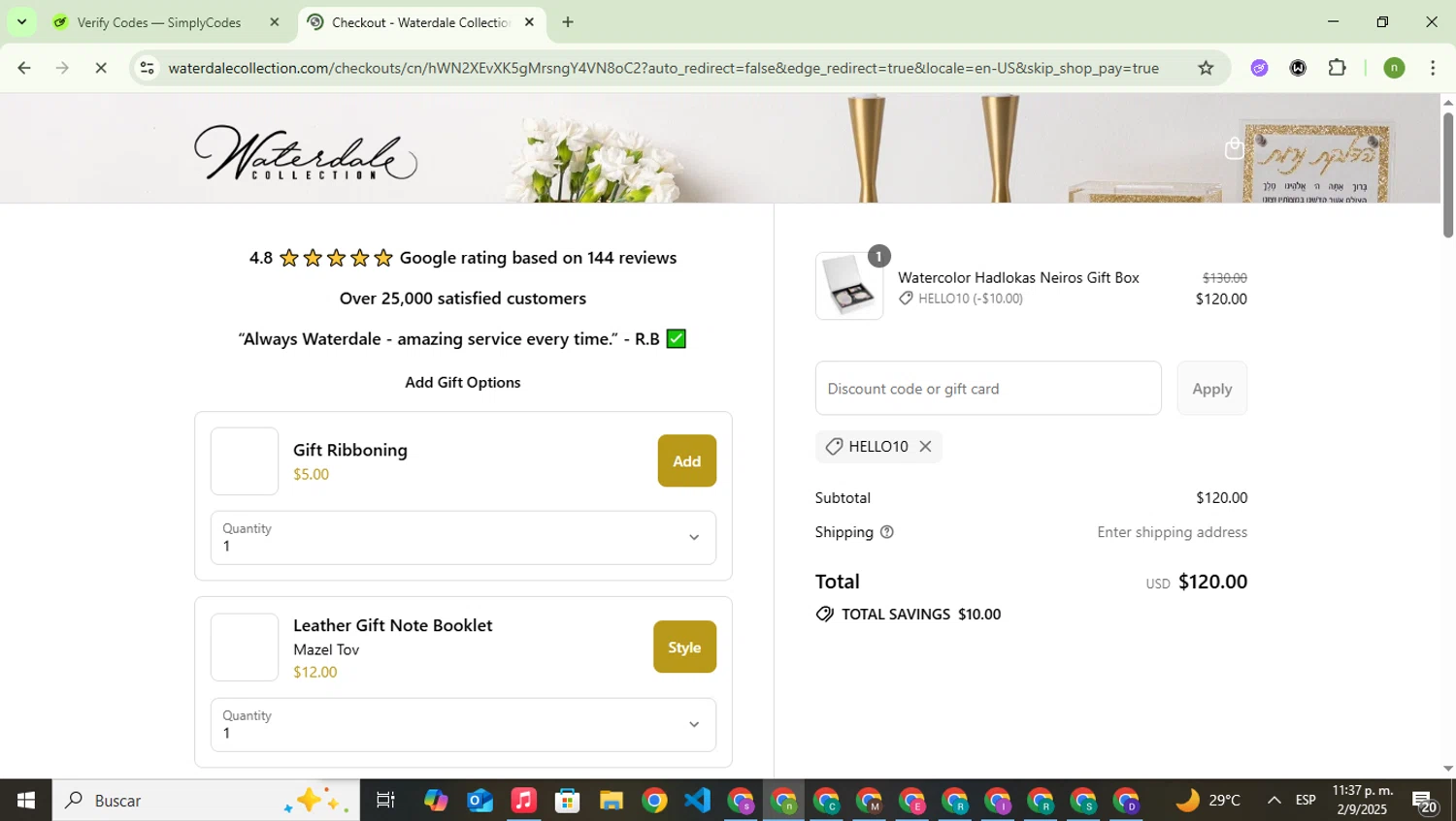 Waterdale coupon code screenshot showing code HELLO10 applied at Waterdale checkout page. Uploaded by SimplyCodes community member SwiftSaver6197 on Sep 3, 2025