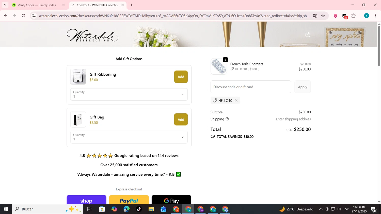 Waterdale coupon code screenshot showing code HELLO10 applied at Waterdale checkout page. Uploaded by SimplyCodes community member codygakpo on Dec 27, 2025