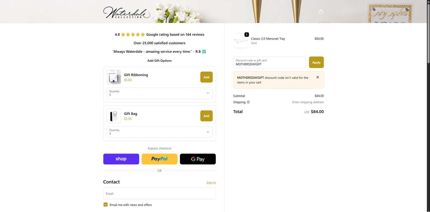 Waterdale coupon code screenshot showing code MOTHERSDAYGIFT applied at Waterdale checkout page. Uploaded by SimplyCodes community member MagnificentTitan8616 on Dec 4, 2025