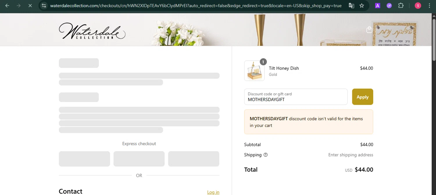 Waterdale coupon code screenshot showing code MOTHERSDAYGIFT applied at Waterdale checkout page. Uploaded by SimplyCodes community member MoneyFalcon481 on Sep 3, 2025