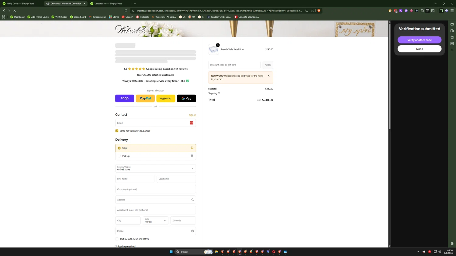 Waterdale coupon code screenshot showing code NEWWOOD10 applied at Waterdale checkout page. Uploaded by SimplyCodes community member QuantumRider5931 on Jan 1, 2026