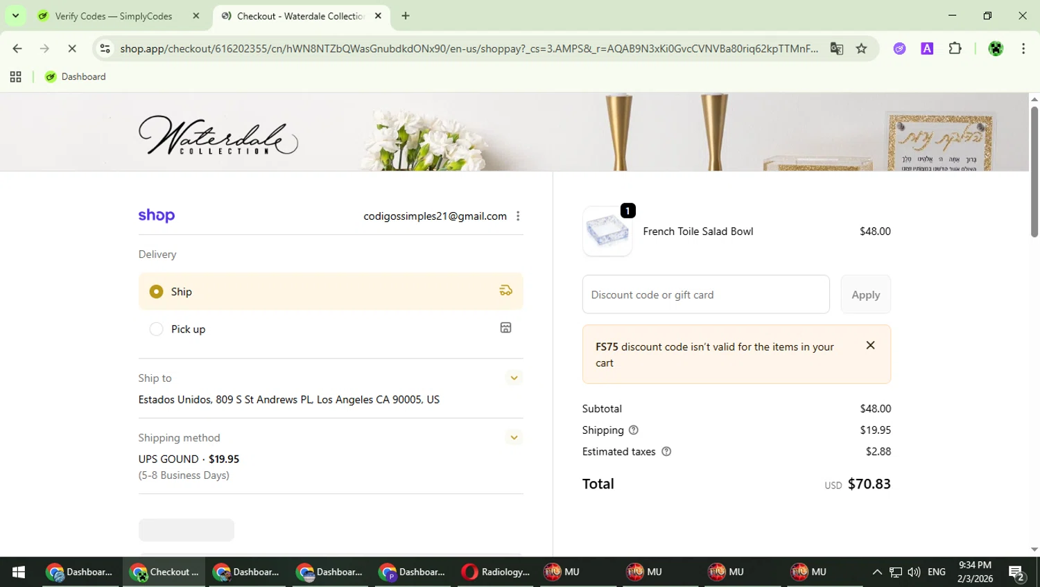 Waterdale checkout page showing Waterdale coupon code box | Screenshot taken by SimplyCodes community member on Feb 4, 2026