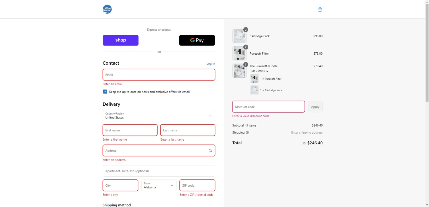 Waterdoctor promo code screenshot showing code GET10 applied at Waterdoctor checkout page. Uploaded by SimplyCodes community member ExtraordinaryShopper780 on Sep 5, 2025