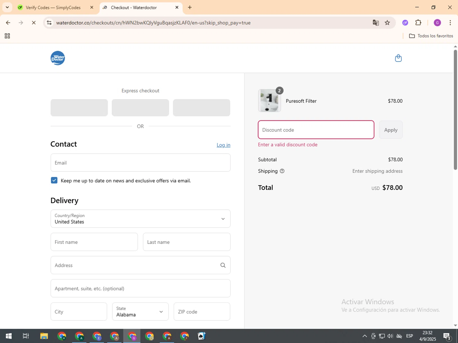 Waterdoctor promo code screenshot showing code GET10 applied at Waterdoctor checkout page. Uploaded by SimplyCodes community member NobleHawk399 on Sep 5, 2025