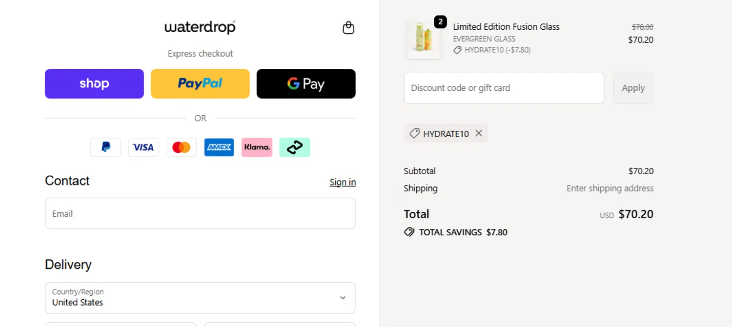 Waterdrop US promo code screenshot showing code HYDRATE10 applied at Waterdrop US checkout page. Uploaded by SimplyCodes community member NEWYORK on May 19, 2026