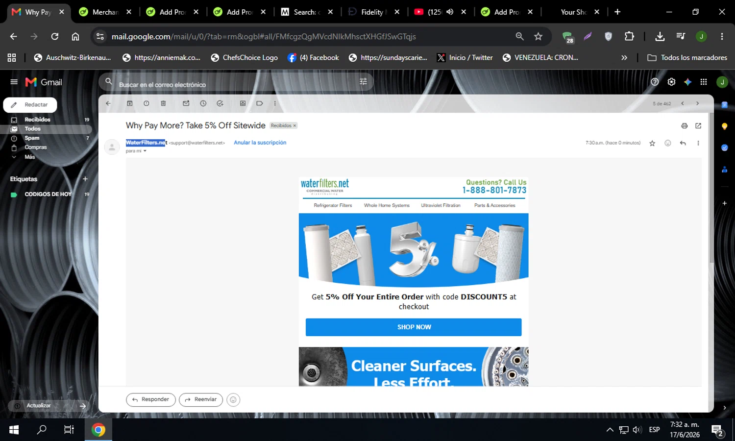 WaterFilters.net promo code screenshot showing code DISCOUNT5 applied at WaterFilters.net checkout page. Uploaded by SimplyCodes community member Codehunter on Jun 17, 2026