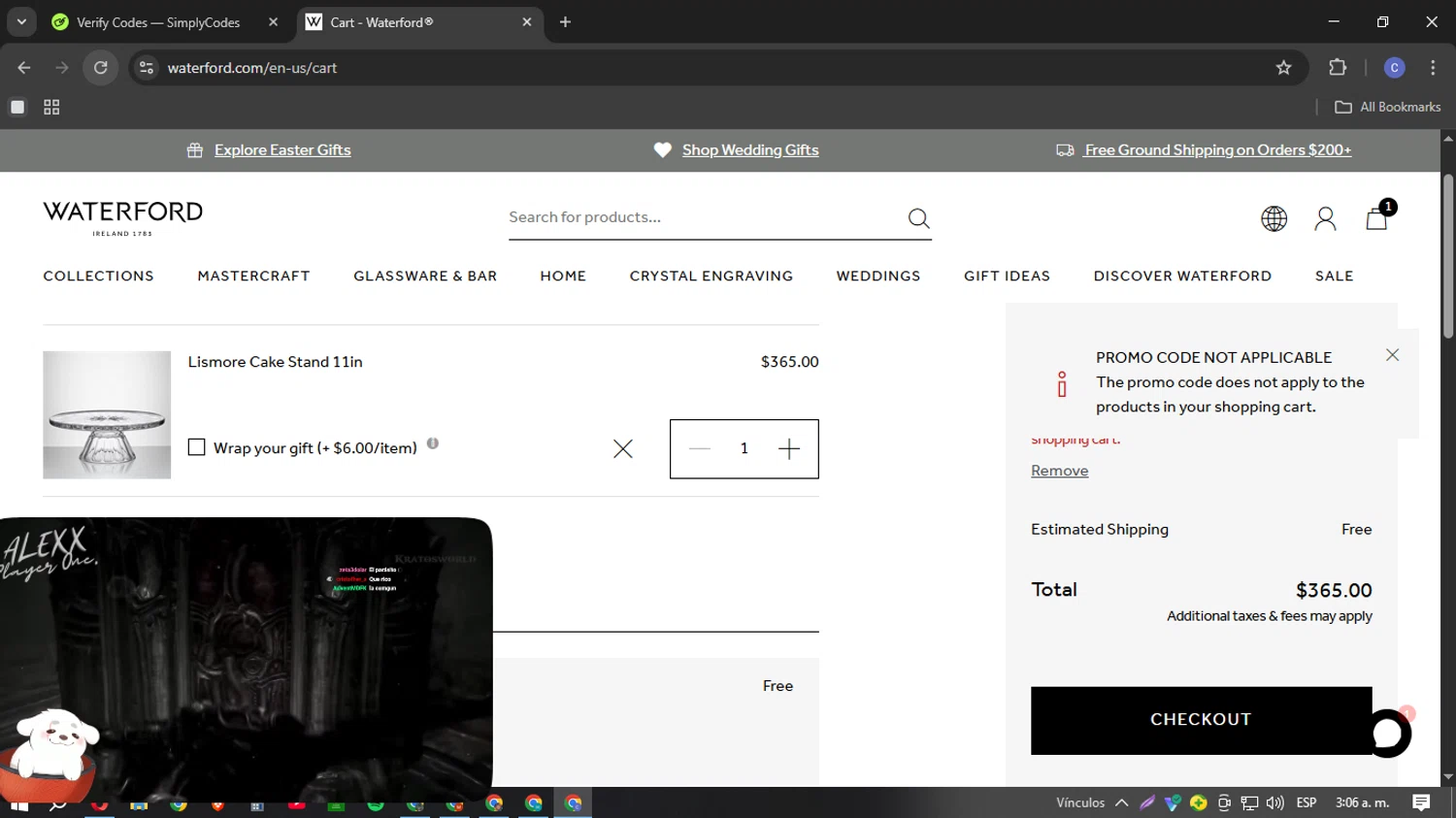Waterford promo code screenshot showing code LOVE applied at Waterford checkout page. Uploaded by SimplyCodes community member Cotu1208 on Apr 1, 2025