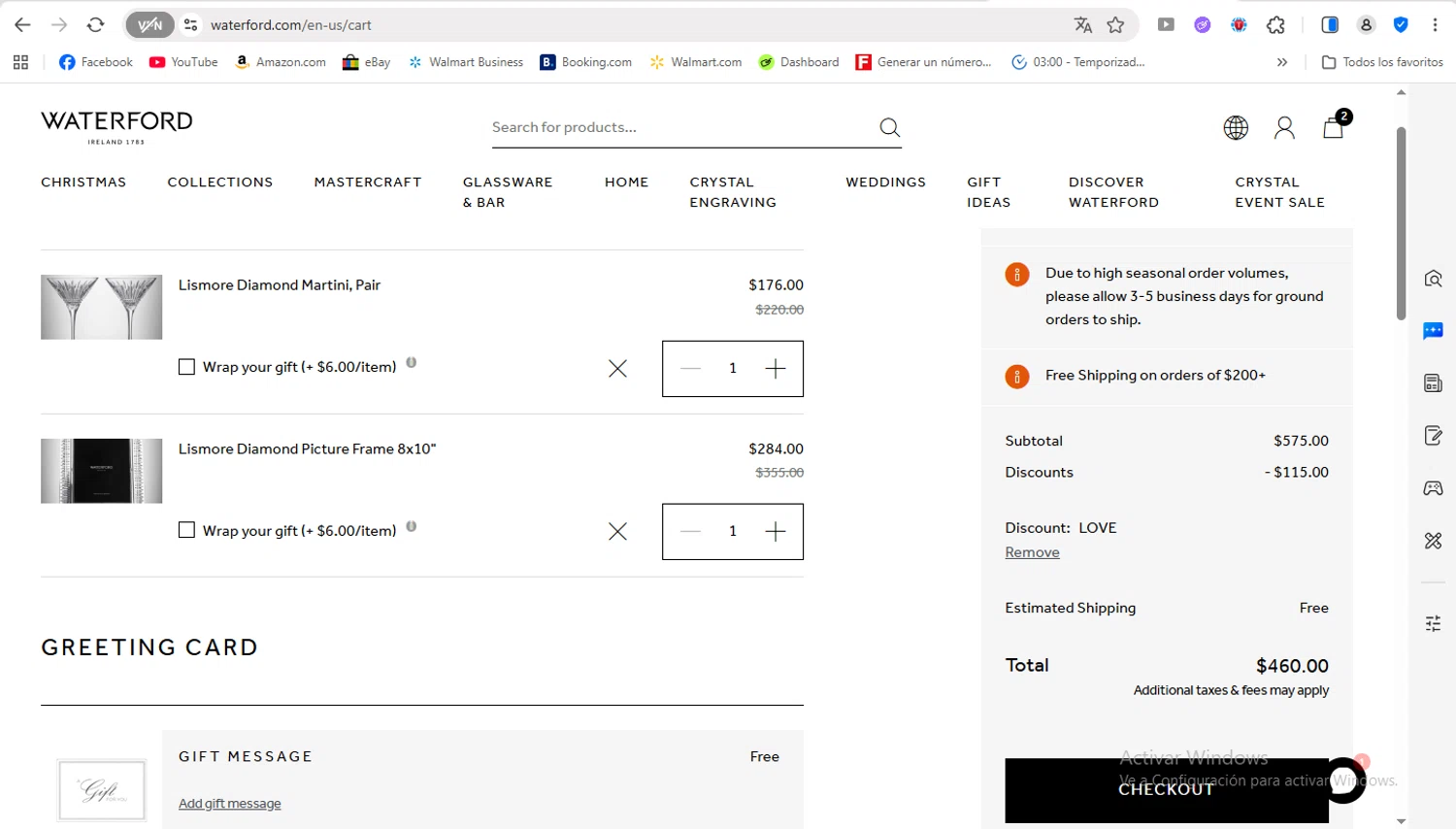 Waterford promo code screenshot showing code LOVE applied at Waterford checkout page. Uploaded by SimplyCodes community member FrancyB on Dec 5, 2025
