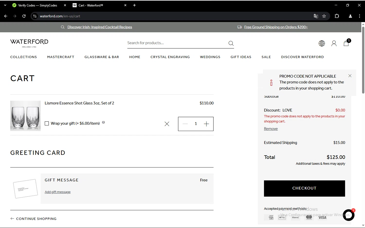 Waterford promo code screenshot showing code LOVE applied at Waterford checkout page. Uploaded by SimplyCodes community member aleixmase on Mar 18, 2025