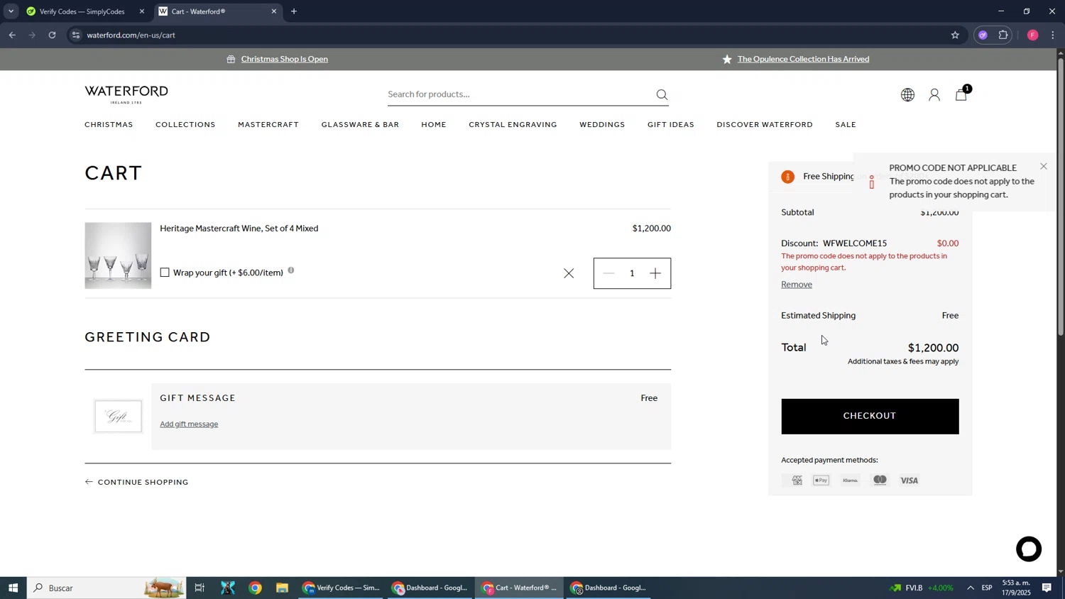 Waterford checkout page showing Waterford promo code box | Screenshot taken by SimplyCodes community member on Sep 17, 2025