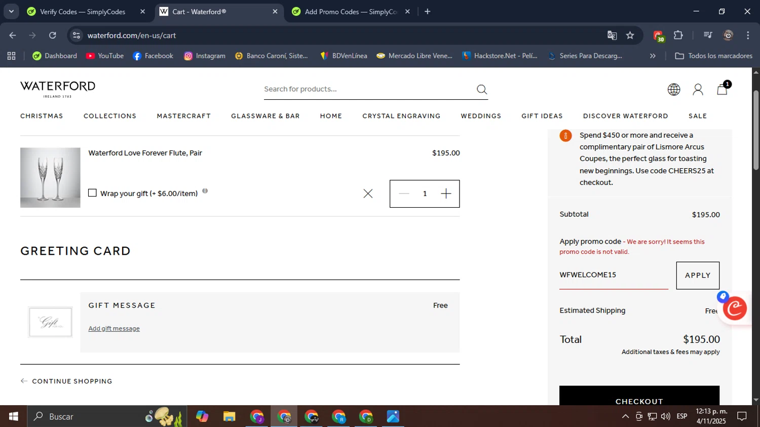 Waterford promo code screenshot showing code WFWELCOME15 applied at Waterford checkout page. Uploaded by SimplyCodes community member Mroctober06 on Nov 4, 2025