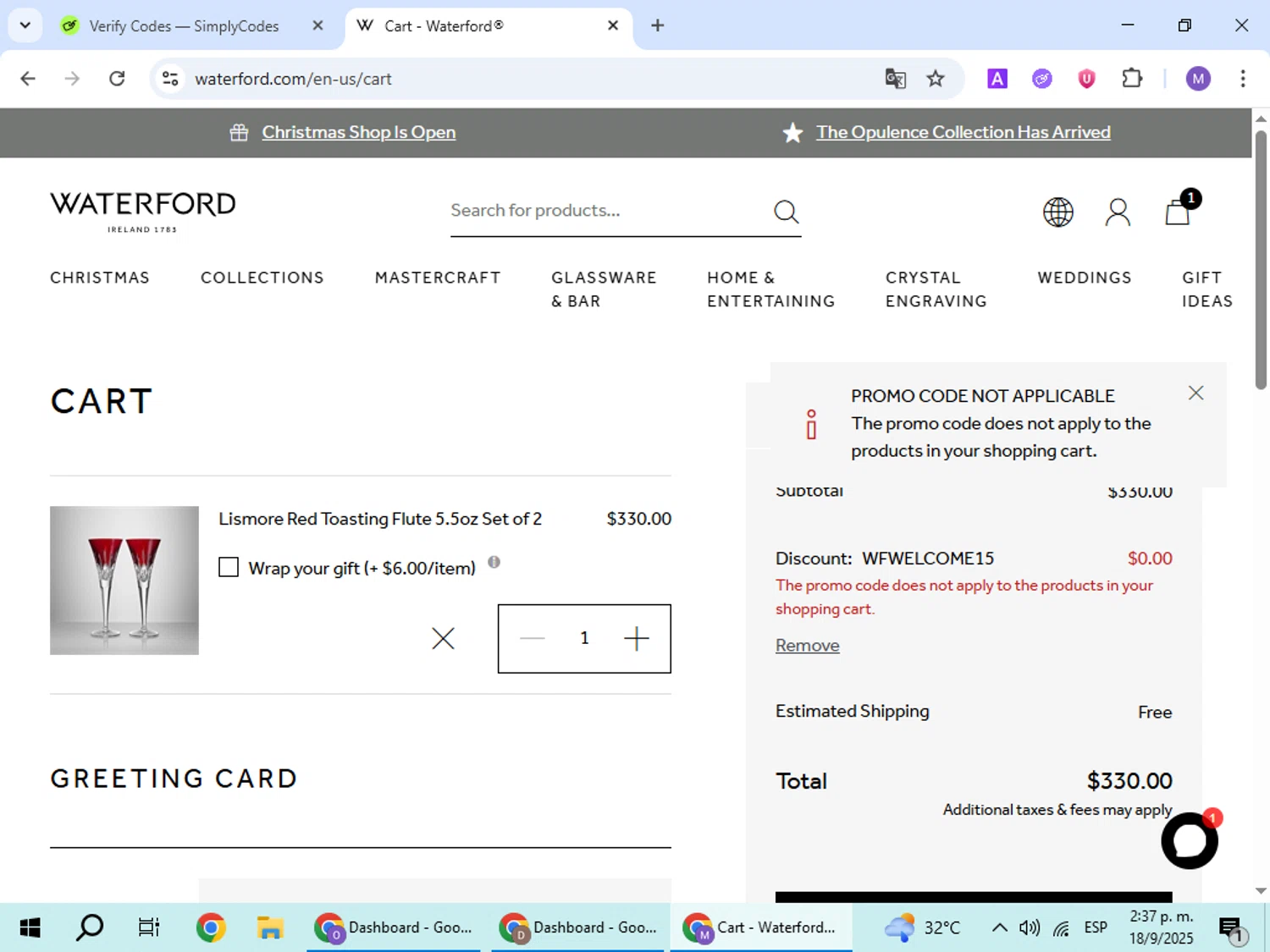 Waterford promo code screenshot showing code WFWELCOME15 applied at Waterford checkout page. Uploaded by SimplyCodes community member VoucherScout6115 on Sep 18, 2025