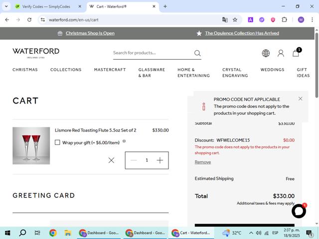 Waterford checkout page showing Waterford promo code box | Screenshot taken by SimplyCodes community member on Sep 18, 2025