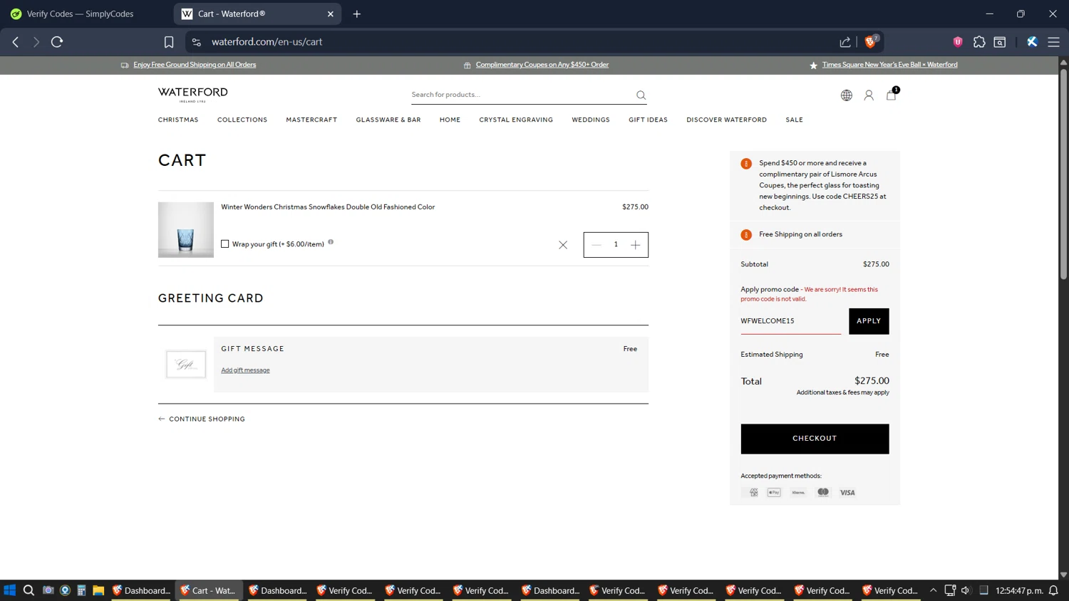 Waterford promo code screenshot showing code WFWELCOME15 applied at Waterford checkout page. Uploaded by SimplyCodes community member verifier_983798000 on Nov 4, 2025