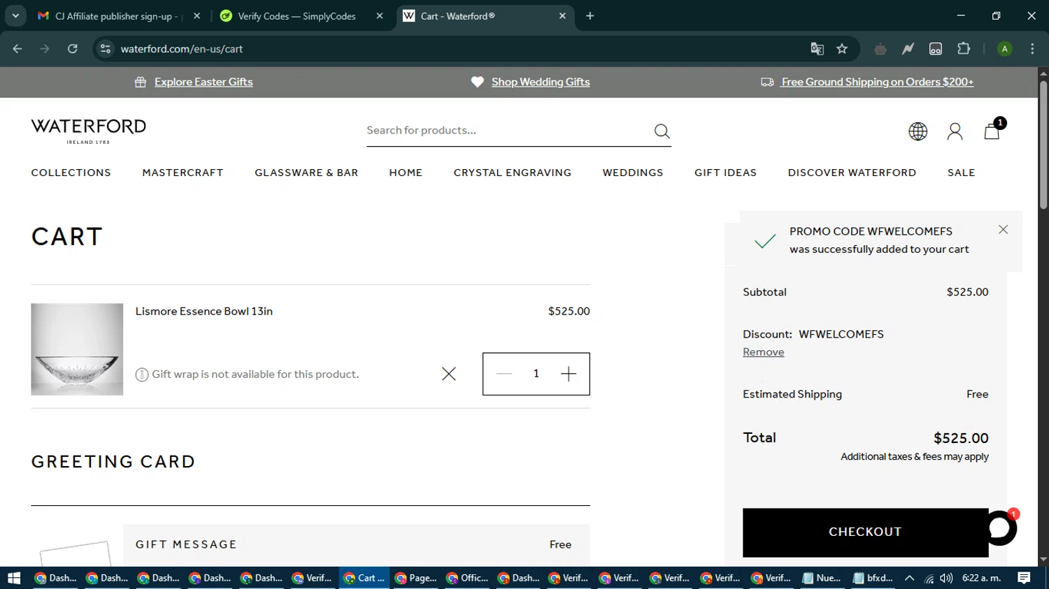 Waterford promo code screenshot showing code WFWELCOMEFS applied at Waterford checkout page. Uploaded by SimplyCodes community member CashLynx5338 on Apr 10, 2025