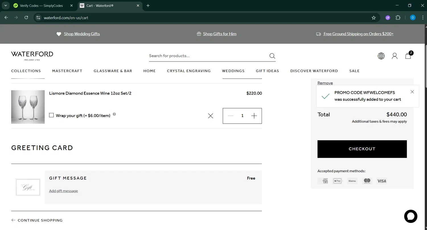 Waterford promo code screenshot showing code WFWELCOMEFS applied at Waterford checkout page. Uploaded by SimplyCodes community member _____________ on May 12, 2025