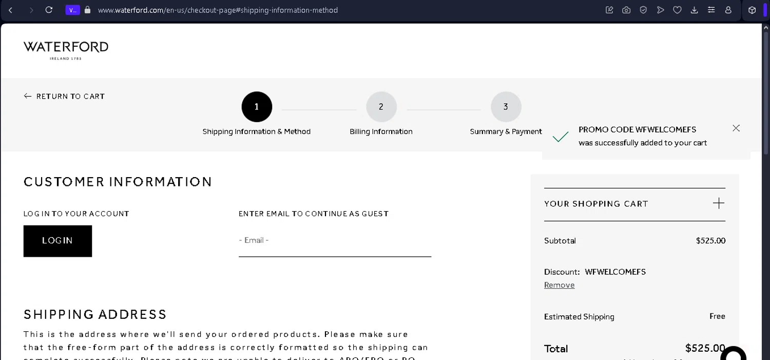 Waterford promo code screenshot showing code WFWELCOMEFS applied at Waterford checkout page. Uploaded by SimplyCodes community member NobleSentinel8535 on Apr 10, 2025