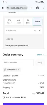WATERH15 coupon verification screenshot