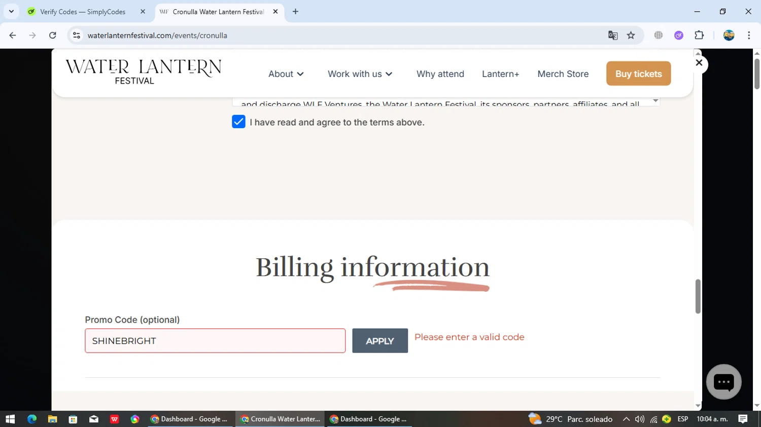 Water Lantern Festival promo code screenshot showing code SHINEBRIGHT applied at Water Lantern Festival checkout page. Uploaded by SimplyCodes community member EpicTracker8800 on Dec 18, 2025