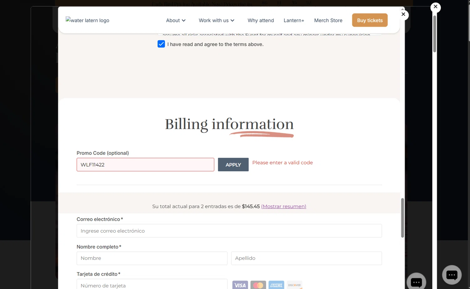 Water Lantern Festival promo code screenshot showing code WLF11422 applied at Water Lantern Festival checkout page. Uploaded by SimplyCodes community member Isabelle_adjanichamber on Nov 19, 2025