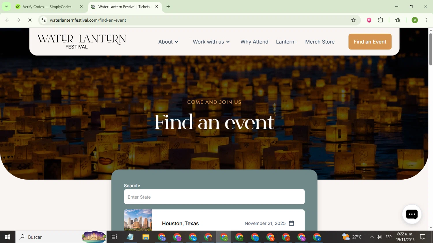 Water Lantern Festival promo code screenshot showing code WLF11422 applied at Water Lantern Festival checkout page. Uploaded by SimplyCodes community member ValiantMaestro6680 on Nov 19, 2025