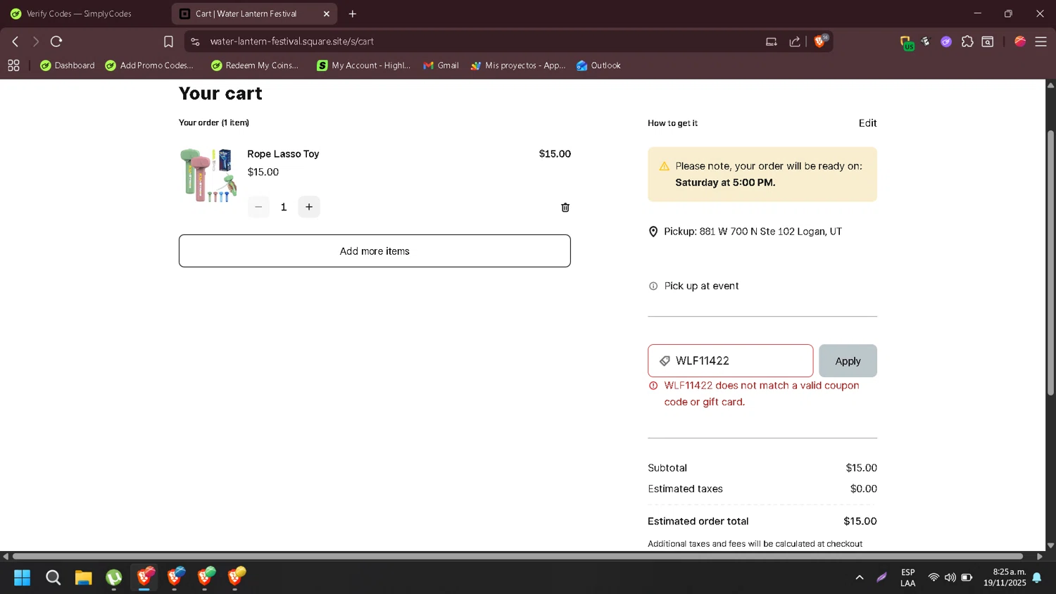 Water Lantern Festival promo code screenshot showing code WLF11422 applied at Water Lantern Festival checkout page. Uploaded by SimplyCodes community member Wukong on Nov 19, 2025